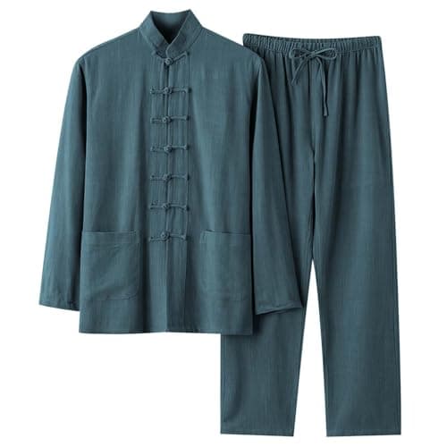 Men's Chinese Traditional Outfits Linen Tang Suit Mandarin Long Sleeved Shirt Breathable Pants Training (Green, L)