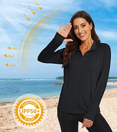 MAGCOMSEN Women's UPF 50+ Lightweight Athletic Jacket Sun Protection Full Zip Long Sleeve Shirts Hiking Outdoor Pockets Black M — view 2