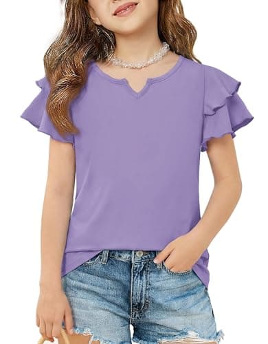 Arshiner Girl's Tunic Tops Short Sleeve Cute Flutter Ruffle Shirts Little V Neck Casual Tops Summer Plain Color Purple 7-8 Years