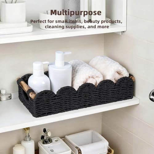 CubesLand Toilet Tank Paper Storage Basket Bathroom Counter Baskets for Organizing, Scalloped Decor Basket for Home, Living Room, Nursery, Wicker Bathroom Shelves Organization&Decorative Tray, Black — view 3