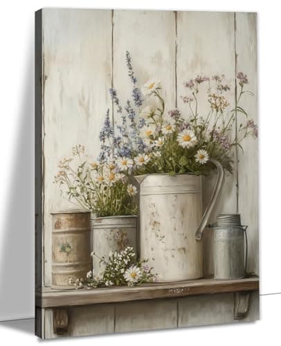 Vertical Rustic Farmhouse Floral Canvas Wall Art Neutral Wildflower Picture Prints for Kitchen Living Room Decor(FLOW-1,12"x18")