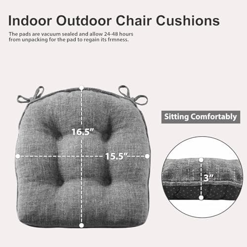 Quilmfoam 16.5"x15.5" Kitchen Chair Cushions Set of 4 for Dining Chair, Soft Tufted Non-Slip Memory Foam Seat Cushion with Ties for Indoor Kitchen Dining Furniture, Dark Grey — view 2
