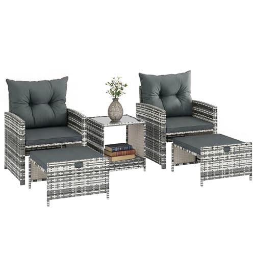 Outsunny 5 Piece Patio Furniture Set, Wicker Patio Chairs with Ottomans, 2-Tier Glass Coffee Table, Cushions, Outdoor Furniture Conversation Set for Balcony, Grey/Dark Grey