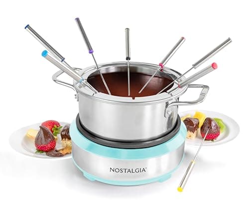 Nostalgia 8-Cup Electric Fondue Pot Set for Cheese & Chocolate - 8 Color-Coded Forks, Temperature Control - Kitchen Gadgets and Appliances for Hors d'Oeuvres and More - Aqua