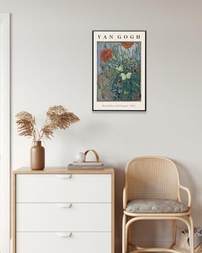 Framed Canvas Print Wall Art Butterflies And Poppies Flowers Painting Reproduction Ready To Hang Living Room Bedroom Kitchen Office Home Decor 16"x 24" Black Framed — view 5