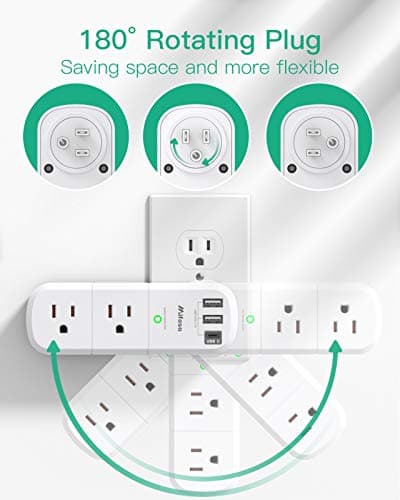 USB Outlet Extender Surge Protector - with Rotating Plug, 6 AC Multi Plug Outlet and 3 USB Ports (1 USB C), 3-Sided Swivel Power Strip with Spaced Outlet Splitter for Home, Office, Travel