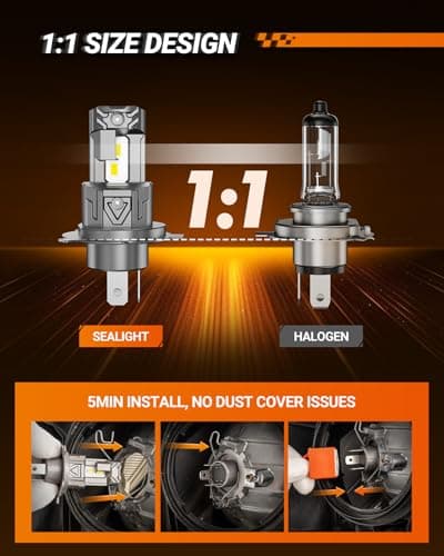 SEALIGHT H4 LED Headlight Bulbs, 48000 Lumens 900% Brighter 6500K Cool White Led Bulbs, All-in-One Mini Size H4 Lights, Plug and Play, Halogen Replacement, Pack of 2 — view 3