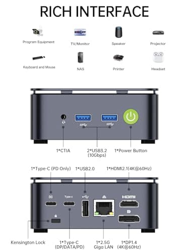 GMKtec G10 Mini PC Computer, Ryzen 5 3500U (Beats 4300U/N150/3300U), 16GB RAM 512GB SSD 2.5GbE NIC LAN Desktop Office Home Business HTPC, Triple 4K Display, WiFi, BT, USB-C, DP, Type-C PD, HDMI 2.1 — view 4