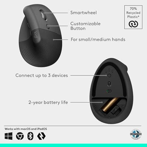 Logitech Lift Vertical Ergonomic Mouse, Wireless, Bluetooth or Logi Bolt USB Receiver, Quiet clicks, 6 Buttons, Compatible with Windows/macOS/iPadOS, Laptop, PC - Graphite — view 5