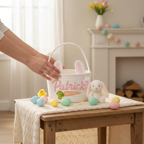 Dyoart Personalized Easter Baskets, Custom Name & Icon Easter Basket with Cute Ears, Hand-Woven Easter Egg Hunt Bag, Customized Easter Gifts Decor for Boys Girls, Cotton Rope Tote Color01 — view 6