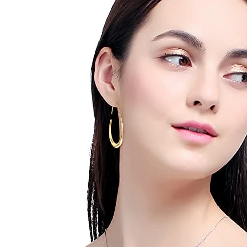 Lightweight Teardrop Hoop Earrings for Women - 14k Gold/White Gold Plated Large Oval Pull Through Hoop Earrings High Polished Statement Jewelry Gift for Women(gold 30 * 18) — view 3