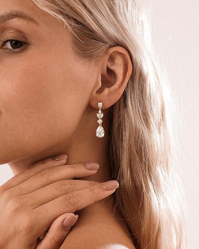 HANLI Dangle Earrings for Women – 14K Gold Plated Drop Earrings Sparkly Gold Dangle Earrings Elegant Dangling Earrings for Wedding Bridal Prom Jewelry — view 2