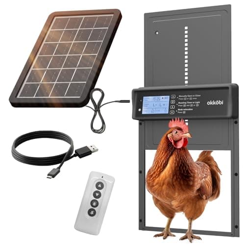 Okkobi Automatic Chicken Coop Door Solar Powered - LCD Display - Chicken Coop Door with Remote Control, Light Sensor & Timer - Security & Peace of Mind: Anti-Pinch Function - 5-Year Protection - Grey