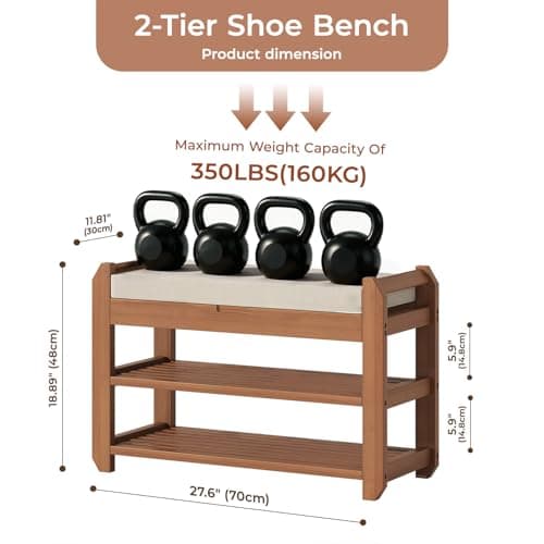 ACSWOD 27.6" Bamboo Shoe Bench with Cushion, 2-Tier Storage Bench for Entryway, Heavy Duty Shoe Rack Organizer with Removable Soft Cushion for Living Room Bedroom Hallway