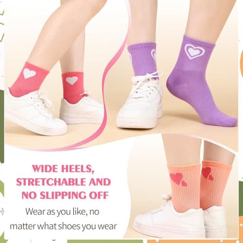 6 Pairs Kids Crew Socks with Stripes Hearts, Junior Cotton School Sports Socks, Casual Stretchy Sock for Girls and Boys 6-9 Years, 02-hearts stripes-b — view 3