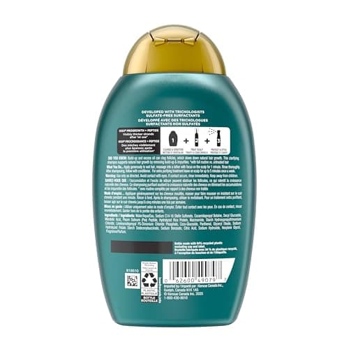 OGX® ProGrowth + Peptide Clarifying Shampoo, Gentle Exfoliating Scalp Shampoo Supports Natural Hair Growth by Removing Scalp Build-Up, 1.5% Mandelic Acid, 385 mL