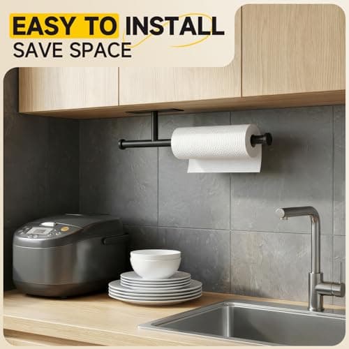 FISHCLOUD Paper Towel Holder Wall Mount - Self Adhesive No Drill or Drilling, SUS304 Stainless Steel - Kitchen, Bathroom, Sink, Pantry, Fridge(Black) — view 2