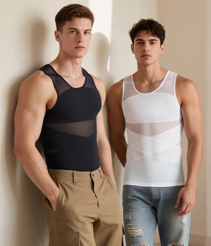 Nebility Mens Compression Shirt - Slimming Undershirts Body Shaper Vest Mesh Shapewear Tummy Control Tank Tops Black