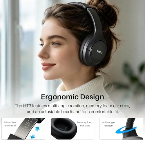 TOZO HT3 Hybrid Noise Cancelling Headphones, 90H Battery Life Wireless Over Ear Bluetooth 6.0 Foldable Headset, AI Voice Assistant with 5 Mics, Connect 2 Devices and Hi-Res Sound, 32 EQ Audio Presets — view 8