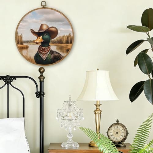 PRESSINART Cowboy Duck Decor 10 x 10 Inch Duck Framed Art Vintage Western Animal Round Wall Decor Linen Hanging Canvas Artwork for Gallery Bedroom Bathroom Living Room Farmhouse Office Home Kitchen — view 3