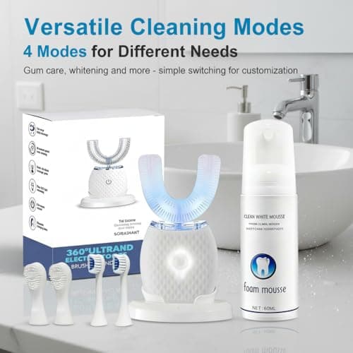 360° Ultrasonic U-Shaped Electric Toothbrush – Hands-Free Auto Cleaning with Foam Mousse, 4 Brush Heads, LED Light & Charging Base for Adults (White)
