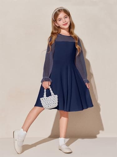 Haloumoning Girls Contrast Mesh Long Sleeve High Waist A Line Short Dress with Pockets, Navy Blue, 7-8 Years