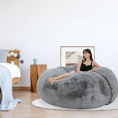 Bean Bag Chair Oversized Adult Plush Bean Bag Chair Cover Fluffy Faux Fur Washable DIY Soft Storage Seat for Reading, Gaming, Lounging, No fillers, Snow Black,5FT