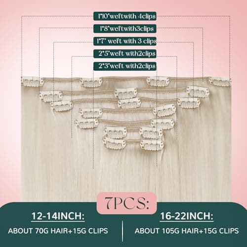Easyouth Hair Extensions For Women Clip in Blonde Remy Human Hair Clip in Extensions White Blonde Clips in Extension for Short Straight Hair 12 Inch 7Pcs 80G — view 4