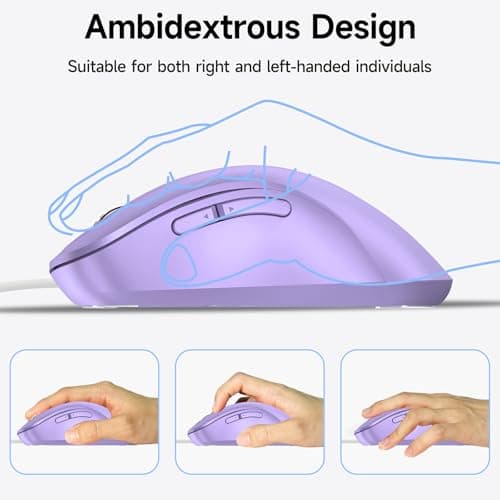 memzuoix Wired Mouse, USB Computer Mouse 1400 DPI Mobile Optical Mouse Ergonomic Design Computer Mice with 5FT Cord for Laptop, PC, Desktop, MacBook, 5 Buttons (Lilac) — view 4