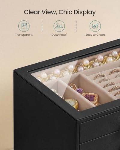SONGMICS 5-Layer Jewelry Box with Glass Window, Jewelry Storage Organizer with 5 Drawers, Golden Handles, for Rings, Earrings, Bracelets, Gift Idea, Black, 6.8 x 9.4 x 7.2 Inches UJBC205BZ02S — view 2