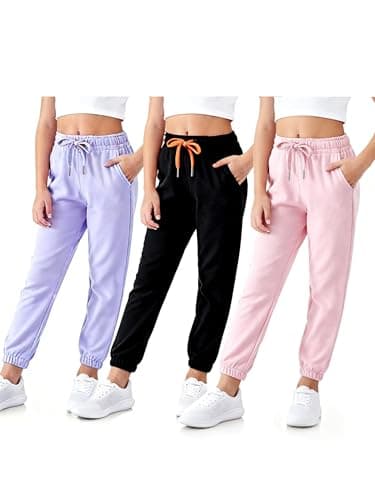 SOIBEEN Girls Sweatpants Elastic Drawstring Sports Jogging Trousers for Kids Casual Pants Solid Color Joggers with Pockets 7-8 Years