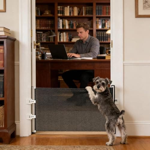 Retractable Pet Gate for Cats Dogs, No Drilling Extendable Pet Barrier Gate, Portable Indoor Mesh Pets Gates for Stairs Doors Hallways Decks (Black) — view 4