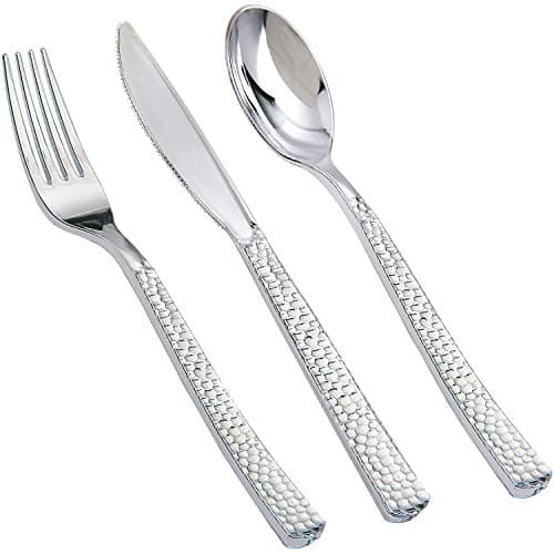 Supernal 180Pcs Silver Plastic Silverware Set, Elegant Hammered Design Heavy Duty Disposable Cutlery, Includes 60 Forks, 60 Knives, 60 Spoons,Silver Plastic Utensils for Wedding, Parties,Events