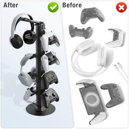 Controller & Headset Holder Stand for Desk, with Charger Cable Organizer Headphone Stand for PS5/ Xbox/ PS4/ Switch, Metal Base Controller Hanger Hook for Storage Earphones, Game Console, Mobile Phone — view 4