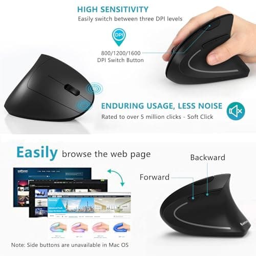 Lekvey Ergonomic Mouse, USB C Wireless Vertical Mouse, Dual Mode Rechargeable USB-A & Type-C Ergo Mouse, 1600 DPI, Relieves Wrist Pain and Carpal Tunnel, for Laptop Computer Mac MacBook PC, Black — view 5