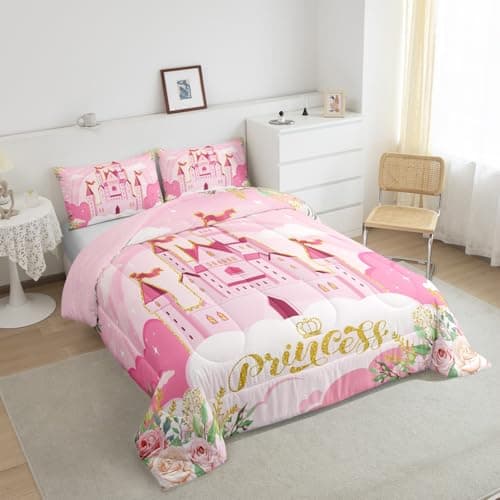 Manfei Kids Princess Comforter Set Bed in a Bag Twin Size 2 Piece Soft Cute Pink Princess Castle Girls Bedding Set (1 Comforter, 1 Pillowcase) — view 3