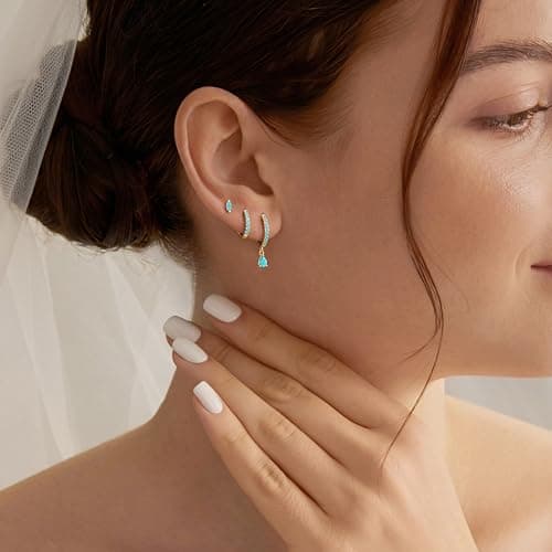 GoldGifts Turquoise Earrings - Western Beachy Boho Jewelry Gift, Hypoallergenic 14K Gold Plated Small Huggie Hoop Set for Women, Dainty Lightweight Trendy Stack Dangle Studs for Cartilage Helix — view 3