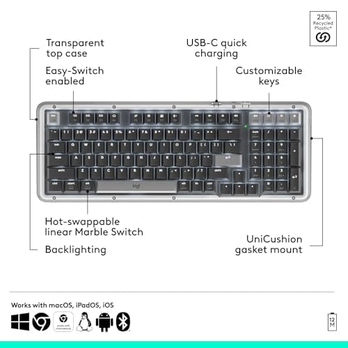 Logitech Alto Keys K98M Wireless Mechanical Clicky Keyboard, Customizable Keyboard with Vibration Absorbing Gasket, Backlit Keys, Bluetooth, USB-C Charging, for PC, Mac, Laptops - Graphite — view 6
