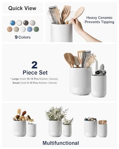 LE TAUCI Utensil Holder for Kitchen Counter, 7.3"+5.4" Fluted Ceramic Utensil Crock Organizer for Countertop, Heavy Large Holder for Spatulas, Spoons, Set of 2, White, Kitchen Counter Decor