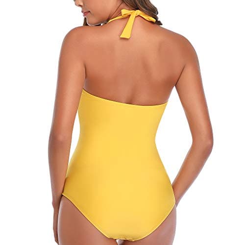 Smismivo Tummy Control Swimwear Yellow Halter One Piece Swimsuit Ruched Padded Bathing Suits for Women Slimming Vintage Bikini — view 2
