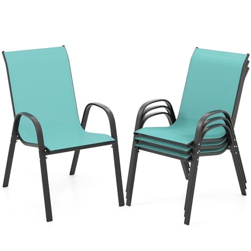 COSTWAY Patio Dining Chairs Set of 4, Stackable Outdoor Chairs with Armrest and High Back, Breathable Fabric & Metal Frame Chair for Garden Poolside Backyard Deck (Turquoise)
