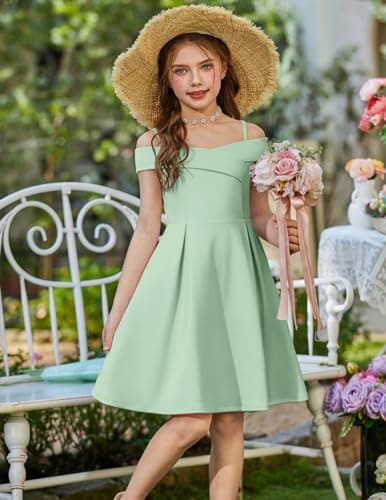 Arshiner Girls Summer Dress Off Shoulder Fold Pleated Formal Elegant A-Line Party Dresses with Pocket Light Green for 13-14Years Girls — view 4