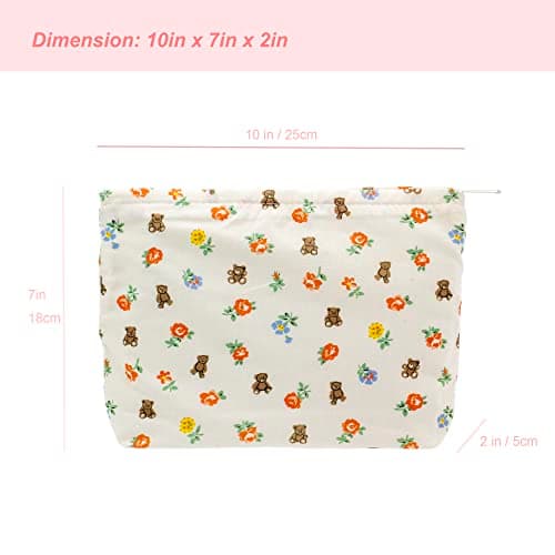 Makeup Bag Large Zipper Make Up Pouch for Purse Travel Canvas Cosmetic Organizer for Women Brush Storage,Flower Bear White — view 4