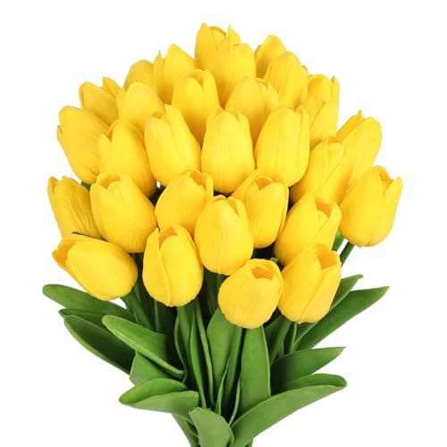 MACTING Yellow Artificial Tulip Flowers - 13.7" 30PCS Real Touch Fake PU Tulips Bouquet Faux Flowers for Floral Arrangements Table Centerpieces Kitchen Indoor Home Mothers Day Decorations