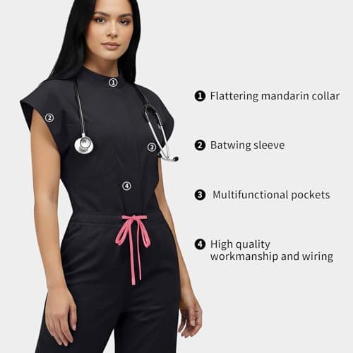 VIAOLI Women's Medical Scrub Jumpsuit - Mandarin Collar, with Drawstring Waist for Nursing Uniforms (S,Black)