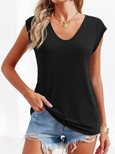 Zeysunp 3 Pack Womens Cap Short Sleeve Tops V Neck T Shirts Summer Spring Casual Loose Fit Basic Tank Tops(White+Grey+Black,L) — view 3