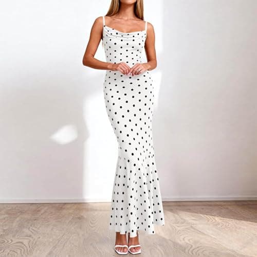 Womens Summer Dresses Polka Dot Spaghetti Strap Cowl Neck Bodycon Wedding Guest Cocktail Mermaid Maxi Dress Vacation White-M — view 4