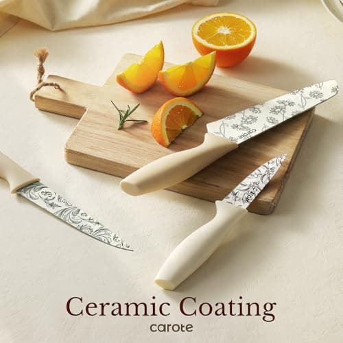 CAROTE 12PCS Knife Set, Kitchen Knife Set with 6 Blade Guards, Stainless Steel Knives Set With Nonstick Ceramic Coating, Rustproof, Delicate Floral Designs, White — view 4
