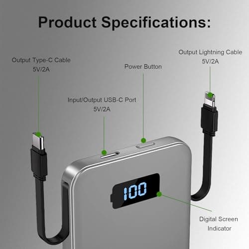 RRUHHK Ultra-Slim 5000mAh Portable Charger for iPhone & Android, Mini Power Bank with Built-in Cables (USB-C & iOS), 5V/2A Small External Battery Pack for iPhone 16/15/14/13, Samsung, Google – Grey — view 4