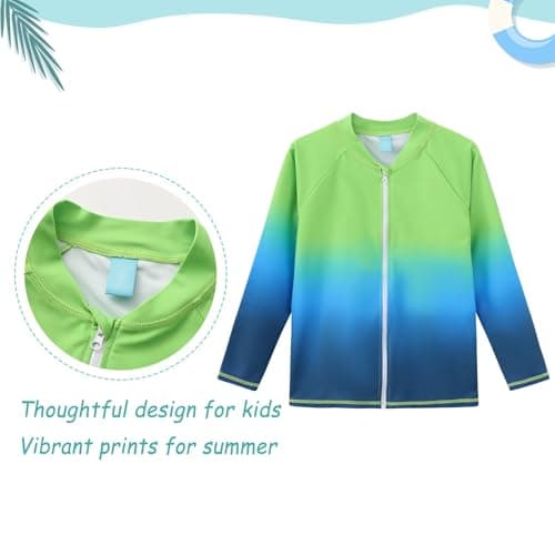 Qterdiz Boys Swim Shirts, Long Sleeve Rash Guard Swimsuits with Full Zipper Sun Protection Bathing Suit Quick Dry Swimwear for Kids Green Blue Gradient Size 8/7-8 Years — view 2